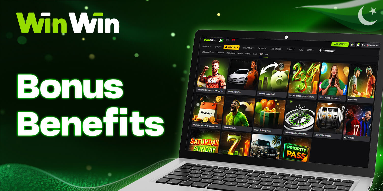 Visual of WinWin bonus page with offers for Pakistan