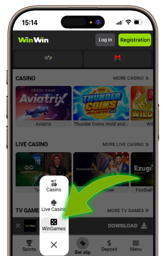 Choose a game: Casino, Live Casino or WinGames